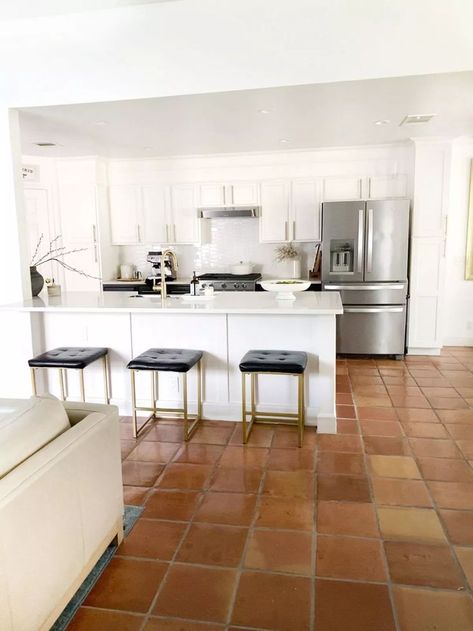 Orange Tile Floor Kitchen, Saltillo Floor Kitchen, Saltillo Tile Living Room, Terracotta Floor Tiles Kitchen, Kitchen Terracotta Floor, Saltillo Tile Kitchen, Tuxedo Kitchen, Red Tile Floor, Mexican Tile Kitchen