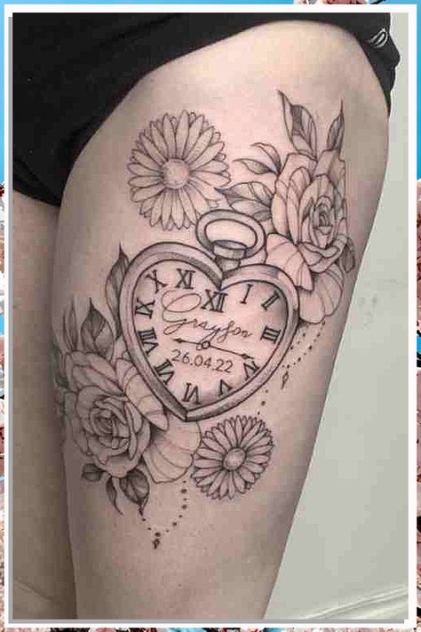 Looking for timeless ink inspiration? Check out these 9 stunning clock tattoo design ideas! From intricate pocket watches to minimalist wrist designs, these tattoos are sure to make a statement. Whether you're a fan of symbolism or simply love the aesthetic, these clock tattoos are worth considering. Explore the artistry and meaning behind these beautiful timepieces and find your perfect design. Wedding Clock Tattoo Design, Tattoos With Clocks For Women, Floral Clock Tattoo, Clock Tattoo With Flowers, Clock Memorial Tattoo, Heart Shaped Clock Tattoo, Clock Tattoo Ideas For Women, Clock Tattoo Design Women, Feminine Clock Tattoo