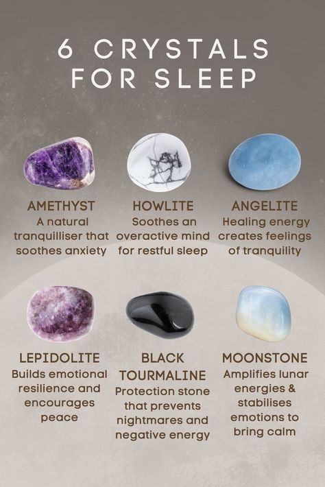 6 crystals for sleep. Amethyst, Howlite, Angelite, Lepidolite, Black Tourmaline and Moonstone Crystals For Sleep, Crystal Healing Chart, Magic Spell Book, Crystal Guide, Peaceful Sleep, Spiritual Crystals, Protection Crystals, Types Of Crystals, Crystal Therapy