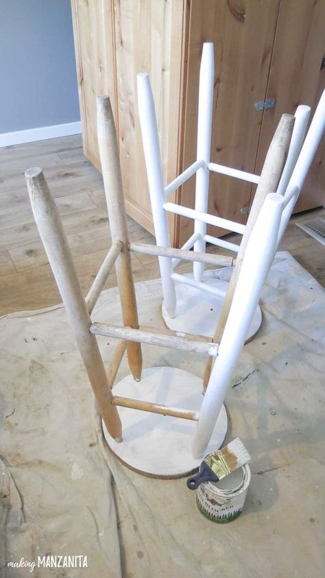 If you love this project, be sure to subscribe to our blog to receive updates regularly! See how to transform $5 barstools from the thrift store into nightstands. Upcyling a bar stool into a nightstand is so easy to create with a little chalk paint and wood for shelving.I received product samples from General Finishes for review purposes for this  post. The opinions are completely my own based on my experience. Read my full disclosure  here.   STEP 1. SAND BAR STOOLS.Lightly sand the b… Bar Stools Repurposed, Stool Bedside Table, Bar Stool Makeover, Narrow Bedside, Narrow Bedside Table, Stool Makeover, Diy Dining Room Table, Upcycle Furniture, Diy Side Table