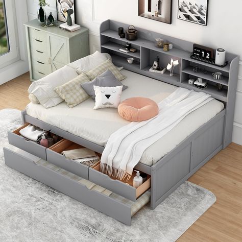 PRICES MAY VARY. 【Built-in Bookshelves】 Four side compartments and one large middle for storage; Freestanding design can be used with any style of bed and does not need to be attached. Overall Product Dimension: 78.7''L x 104.6''W x 47.2''H, Bed Inner Dimension: 77.6'' x 54.3'', This Full size daybed Fits standard Full size mattress (mattress not included) 【Twin Size Trundle & Drawers】 This Elegant Full size daybed with handy pull-out trundle and three functioning drawers. The Twin size trundle Captain Bed, Full Size Daybed, Wooden Daybed, Daybed With Drawers, Captains Bed, Twin Size Bed Frame, Daybed Bedding, Full Size Platform Bed, Storage Headboard