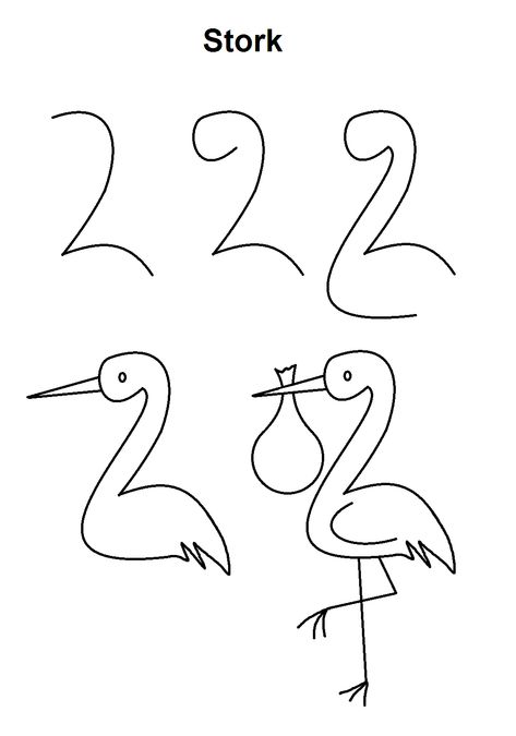 Step-by-step tutorial to draw a stork. Stork Drawing Simple, Stork Drawing, Stork Art, Hand Art Kids, Whimsical Art Paintings, Easy Art For Kids, Drawing Lessons For Kids, Drawing Tutorials For Kids, Cool Pencil Drawings