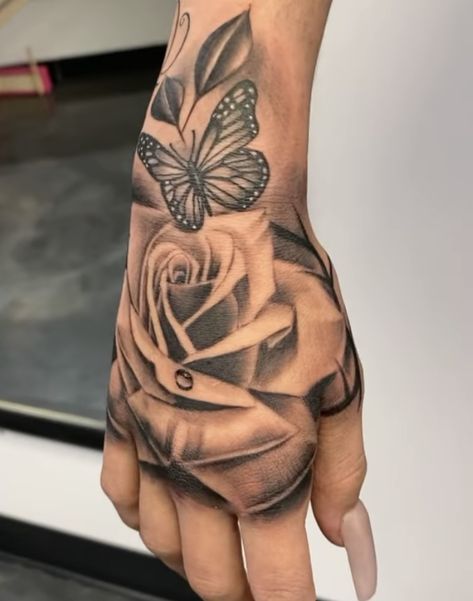 Rose Tattoo Hand Woman, Tattoo Ideas Female Hand, Tatuaje Hello Kitty, Medium Size Tattoos, Small Dope Tattoos, Rose Sleeve, Best Neck Tattoos, Mexican Tattoo, Rose Hand Tattoo