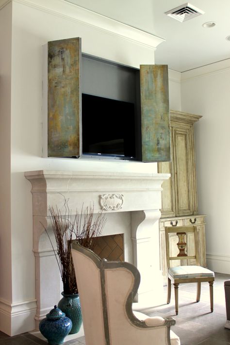 TV Cabinet Abstract Painting by Lynn Eustace Sanders Facebook - Lynn Sanders Art Hidden Bedroom Tv, Tv Above Fireplace, Hide Tv, Wall Mounted Tv Cabinet, Tv Wall Cabinets, Hidden Tv, Tv Covers, Luxury Furniture Design, Fire Surround