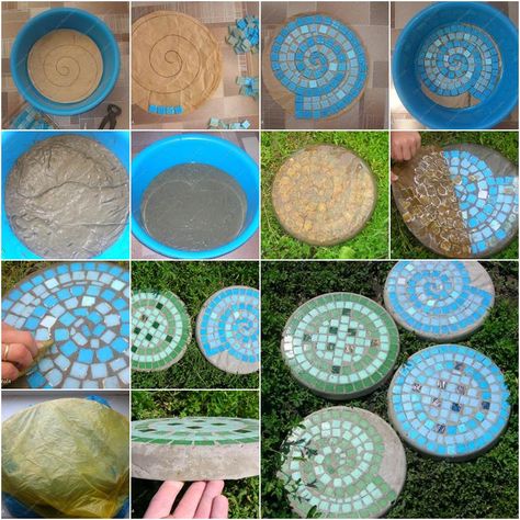 DIY Mosaic Stepping Stones for the Garden Diy Mosaic Stepping Stones, Diy Mosaic Garden, Garden Stepping Stones Diy, Easy Garden Ideas Landscaping, Mosaic Stepping Stone, Unique Garden Art, Stepping Stones Diy, Mosaic Stepping Stones, Rainbow Garden