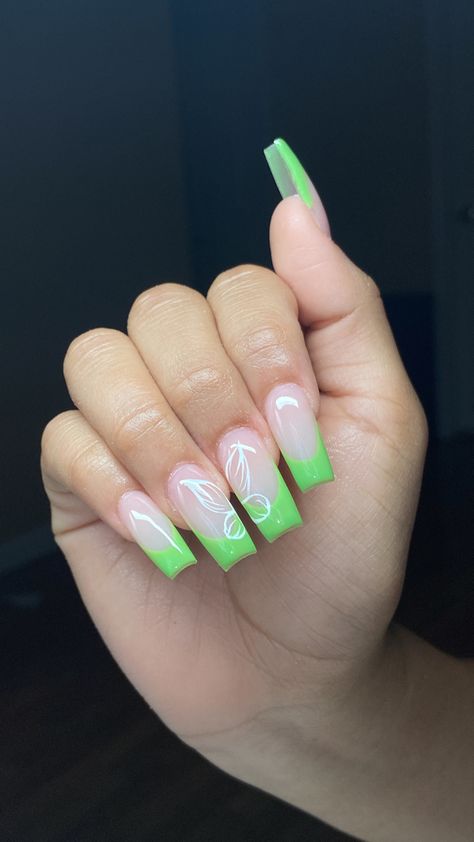 Lime Green And White Nails Design, Green Nails With White Tips, Green Nails With Butterfly, Lime Green And White Nails, French Tip With Butterflies, Lime Green Nails Short, Green French Tips Nails, French Tip Green Nails, French Tips With Butterflies