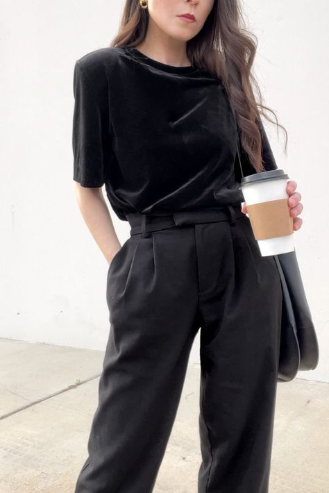 Excited for the coming fall fabrics like velvet and wearing all black outfits 🖤☕️ Black velvet top, black velvet tshirt, black velvet shirt, black velvet shirt outfit, black pleated pants, good black pleated pants, fall outfits, work outfits for women, casual work outfits, fall work outfits

#LTKworkwear#LTKstyletip Black Velvet Shirt Outfit, Wearing All Black Outfits, Velvet Top Outfit, Velvet Shirt Outfit, Casual Work Outfits Fall, Velvet Tops Outfit, Fall Outfits Work, Work Outfits Fall, Cute All Black Outfits