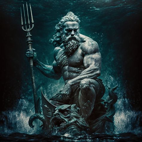 Poseidon Greek Mythology Art, Poseidon Statue Sculpture, Poseidon Art Illustrations, Poseidon Throne, Poseidon Photography, Poseidon Artwork, Poseidon Tattoo Design Greek Mythology, Black Poseidon, Greek God Poseidon Art