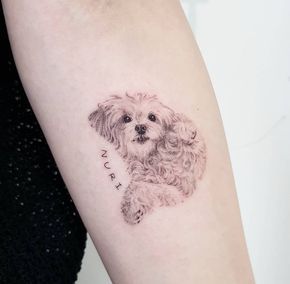 Maltese Tattoo, Tatoo Dog, Small Dog Tattoos, Cute Animal Tattoos, Purple Tattoos, Dog Memorial Tattoos, Dog Paw Tattoo, Dog Tattoo Ideas, Cool Wrist Tattoos