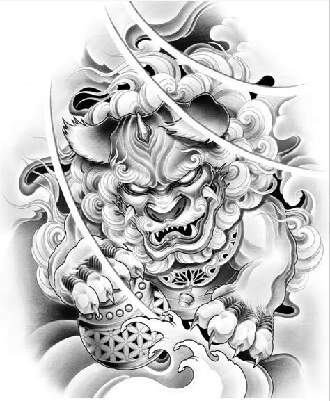 Foo Dog Drawing, Fudog Tattoo Design, Komainu Tattoo, Foodog Tattoo, Dragon Koi Tattoo Design, Tato Geisha, Tato Irezumi, Dog Tattoo Design, Japanese Foo Dog