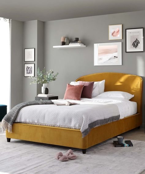 King Size Bed With Storage, Velvet King Size Bed, Yellow Bed, Mustard Bedding, Double Bed With Storage, Velvet Upholstered Bed, Lit King Size, Ottoman Storage Bed, Yellow Bedding