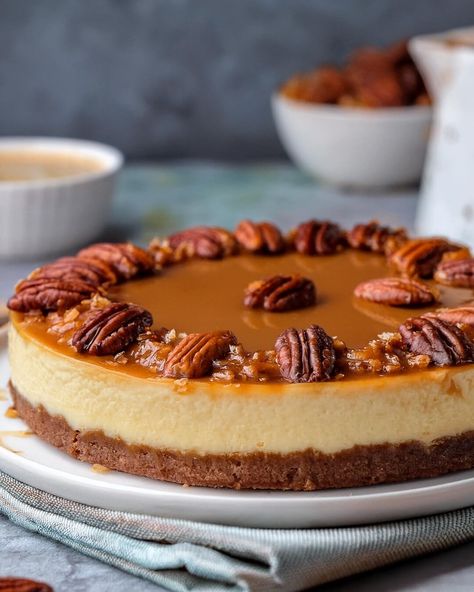 Caramel Pecan Cheesecake - Recipes of Holly Caramel Pecan Cheesecake Recipes, Pecan Cheesecake Recipes, Caramel Pecan Cheesecake, Pecan Cheesecake, How To Melt Caramel, Carrot Cake Cheesecake, Chilled Desserts, Caramel Bits, Caramel Topping