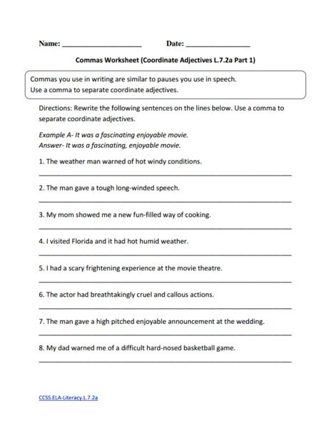 Commas Worksheet (Coordinate Adjectives L.7.2a Part 1) 6th - 8th Grade Worksheet | Lesson Planet L72a Coordinate Adjectives, Diagramming Sentences, Punctuation Worksheets, English Practice, 1 Worksheet, English Worksheets, 8th Grade, Punctuation, Common Core