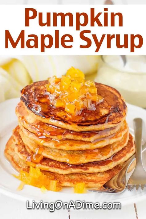 This pumpkin maple syrup recipe makes a tasty syrup perfect for adding the delicious flavor of fall! With the perfect blend of maple syrup, pumpkin pie spice, and real pumpkin, it makes an ideal topping for pumpkin pancakes. For a subtle touch of fall, drizzle it over regular pancakes too! Pumpkin Syrup For Pancakes, Syrup For Pancakes, Pumpkin Latte Recipe, Easy Pumpkin Recipes, Maple Syrup Recipe, Pancake Syrup Recipe, Best Pumpkin Recipes, Easy Pumpkin Bars, Maple Syrup Recipes