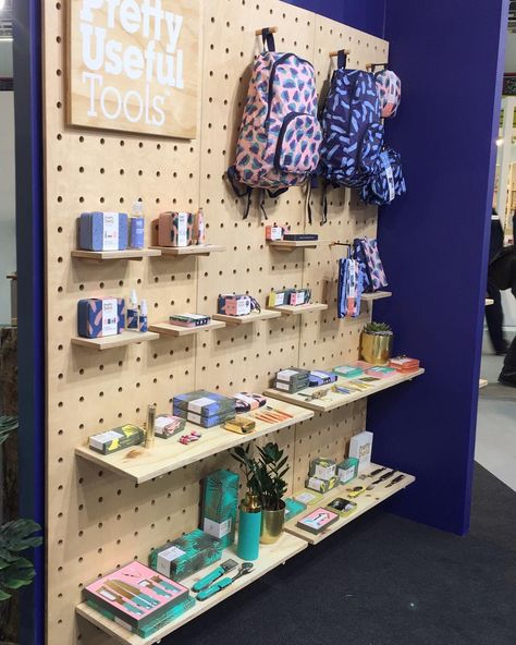 Great to see our pegboard in action at this weeks Top Drawer trade show 🤗 . . .  #plywood #birch #pegboard #custom #pegs #madeinUK #London… Peg Board Store Display, Pegboard Store Display, Peg Board Shelves, Peg Board Walls, Wooden Pegboard, Peg Wall, Stall Display, Embroidery Store, Training Facility