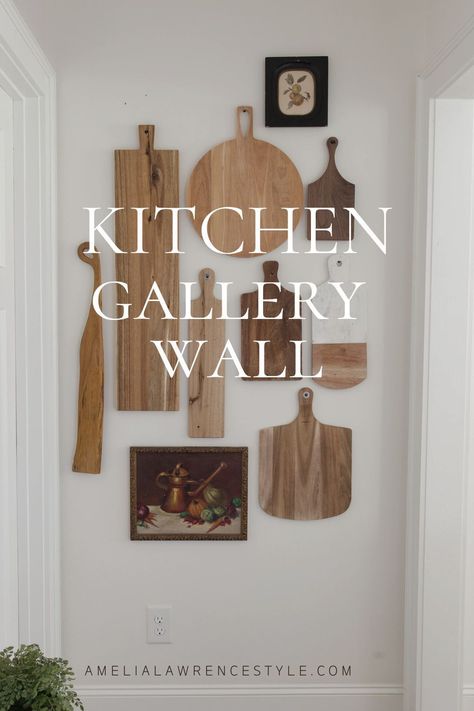 Hang Charcuterie Board On Wall, Charcuterie Board Wall Decor, Decorative Kitchen Wall Ideas, Kitchen Wall Design Ideas Decor, Galley Kitchen Wall Decor, Charcuterie Board Hanging On Wall, Chopping Board Wall Decor, Kitchen Boards Ideas, Practical Kitchen Decor