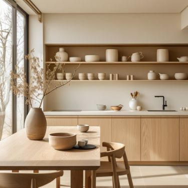 Modernist Apartment, Japandi Kitchen, Japandi Interior Design, Desain Pantry, Japandi Interior, Open Kitchen Shelves, Kitchen Room Design, Kitchen Inspiration Design, Minimalist Kitchen