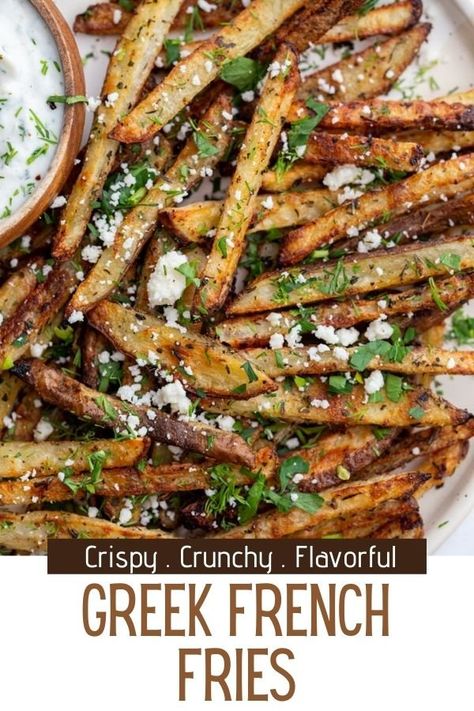 Crispy and golden, Greek Fries are potatoes that are cut into strips, coated in oil and a homemade Greek spice mix, then baked to perfection. Serve your fries with fresh herbs, crumbled feta, lemon zest and dill sauce and watch the rave reviews come in! Greek French Fries, Greek Fries, Yogurt Dill Sauce, Greek Spices, Diner Ideas, Youtube Recipes, Greek Foods, Greek Potatoes, French Fries Recipe