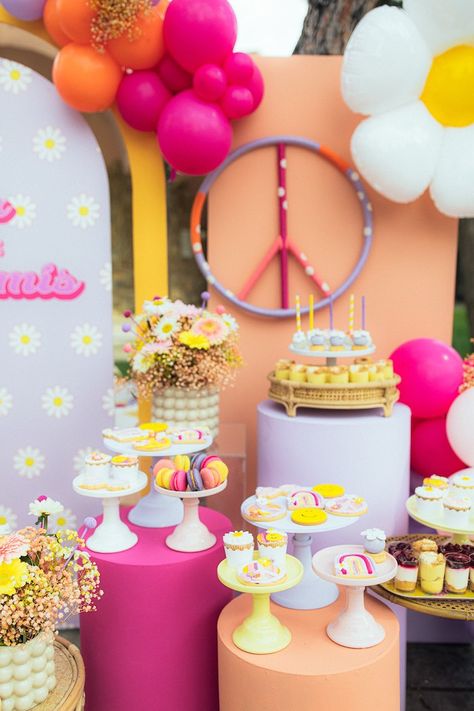 Kara's Party Ideas Groovy Christening Party | Kara's Party Ideas Groovy Candy Table, Too Groovy Birthday Party, Groovy Centerpiece Ideas, Groovy Party Ideas, Groovy Party Food, Groovy Birthday Party Ideas, Groovy Theme Party, Groovy Party Theme, Groovy Color Palette