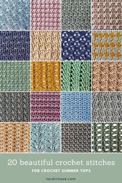 Here are 20 beautiful crochet stitches that work great for crochet summer tops. Most of these stitches are suitable for beginners. Below you will find 10 lacy crochet stitches as well as 10 more solid stitches that are not too thick and do not use much yarn. Crochet Stitches Names, Cute Crochet Stitches For Tops, Crochet Advanced Stitches, Most Beautiful Crochet Stitches, Crochet Top Stitch, Basic Stitches Crochet, Summer Crochet Ideas Projects Free Pattern, Pretty Stitches Crochet, Crochet Loose Top Free Pattern