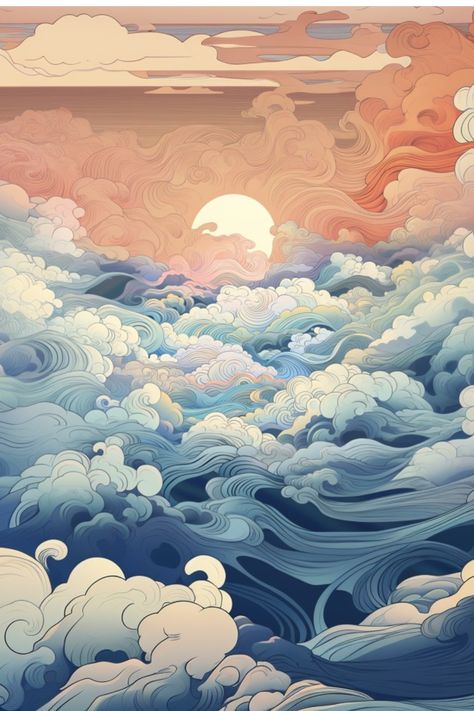 Dreamlike vision of a "Japanese pattern of waves and clouds", inspired by traditional Japanese lacquerware/fabric patterns and ukiyo e style paintings. Check out the link for many elegant products with this design!🛍️🌸 #Japanesemotif #IloveJapan #soothingmotif #Japanesepattern #ukiyoeinspired #traditionalpatternsrevisited #Japanesepatterndesign #dreamlikelandscapes #dreamlikevisions Japan Cloud Art, Japanese Cloud Wallpaper, Clouds Japanese Art, Japanese Traditional Clouds, Japanese Style Waves, Waves Pattern Design, Asian Clouds Drawing, Japanese Clouds Illustration, Japanese Sea Art