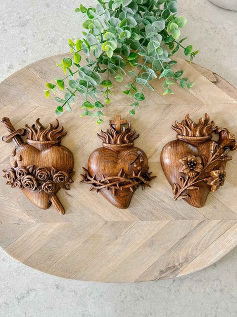 Holy Family Hearts, Catholic Wall Decor, Catholic Candles, Home Altar Catholic, Catholic Home Decor, Wall Medallion, Catholic Home, Catholic Decor, Catholic Statues