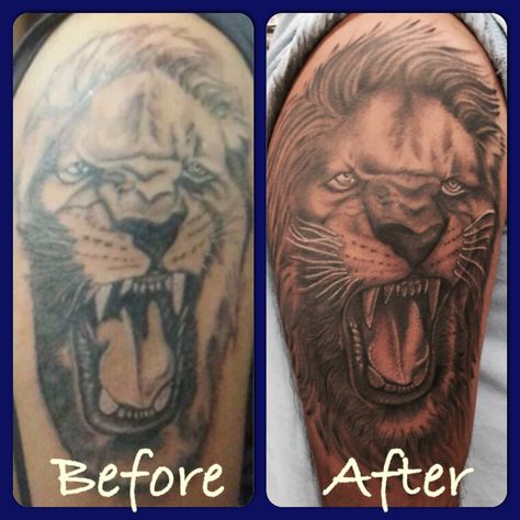 Fix up tattoo #tattoosbykj Tattoo Fixes, Skin Needling, Up Tattoo, Bad Tattoos, Old Tattoos, Up Tattoos, Cover Up Tattoos, Lion Tattoo, Color Tattoo