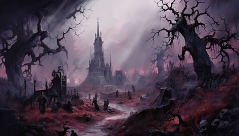 A dark chapel sits at the edge of a terrifying graveyard, dark fantasy art Fantasy Graveyard Concept Art, Graveyard Fantasy Art, Dark Fantasy Background Landscape, Dark Fantasy Landscape Art, Dark Chapel, Fantasy Graveyard, Fantasy Artwork Landscape, Dark Fantasy Artwork, Dark Souls 3