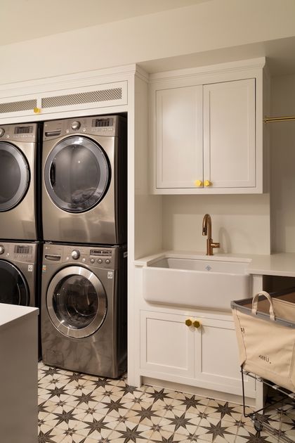 Stacked Laundry Room Ideas, Big Laundry Room, Washer Dryer Laundry Room, Stacked Laundry, Stackable Laundry, Lg Washer And Dryer, Stacked Laundry Room, Taupe Walls, Stylish Laundry Room