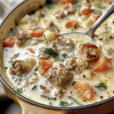 Creamy Parmesan Italian Sausage Soup Creamy Parmesan Italian Sausage Soup, Parmesan Sausage Soup, Italian Sausage Soup Recipes, Creamy Italian Sausage Soup, Soup Sausage, Creamy White Chicken Chili Recipe, Ham Chowder, Soup Recipe Ideas, Sausage Soup Recipes