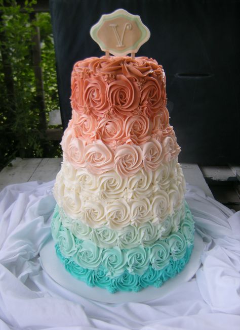 hombre rosette wedding cake aqua teal coral pink orange - www.facebook.com/blovestobake Teal And Orange Wedding Cake, Orange And Teal Cake, Turquoise And Coral Wedding, Aqua And Coral Wedding, Coral And Teal Wedding Cake, Turquoise Coral And Grey Wedding, Turquoise Coral Weddings, Turquoise Floral Cake, Coral Wedding Cakes