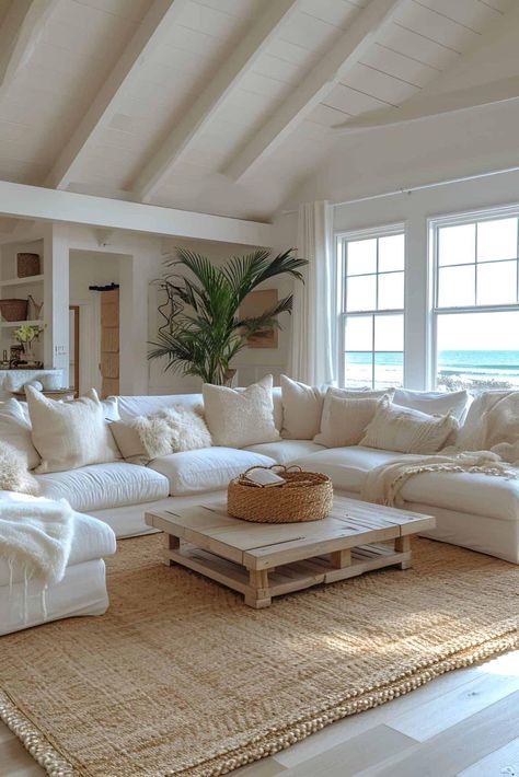 East Coast Modern Home, Cool House Interior Fun, House Interior Styles Inspiration, Aesthetic Beach Living Room, Boho Beach House Kitchen, Modern Farmhouse Beach House, Beach Aesthetic Apartment, Dream Living Room Cozy Modern, Coastal Living Room Aesthetic