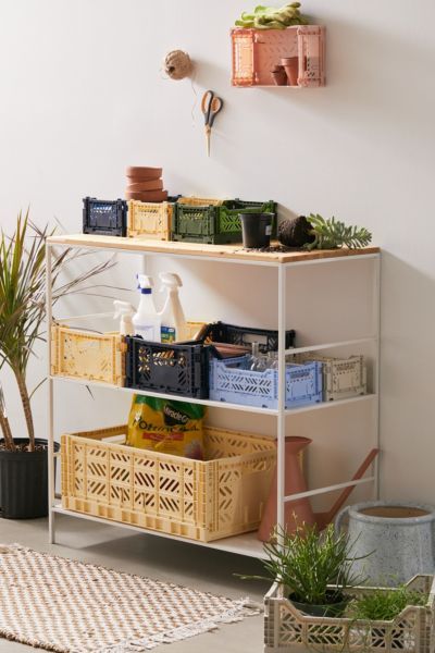 Collapsible storage crate by HAY, in a versatile design that stacks neatly and comes in a color-pop finish that sets your space apart. With a retro look we love, featuring geometric cutouts, perfect for storing art supplies, desk essentials, snacks, fruit and so much more! #sponsored Hay Crates, Hay Crate, Hay Storage, Storage Crate, Plastic Crates, Hay Design, Desk Essentials, Tiny House Movement, Crate Storage