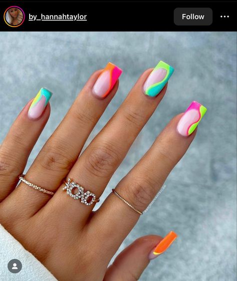 Multicolored Nails, Colorful Nails, Short Square Nails, Summery Nails, Summer Nails Colors, Neon Nails, Short Acrylic Nails, Nail Arts, Best Acrylic Nails