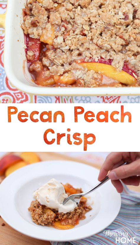 Pecan peach crisp dessert. Heaven help me, this fruit bake was delicious. Super easy to make too! Jello Dishes, Dessert Peaches, Peaches Dessert, Fruit Bake, Easy Peach Crisp, Peach Crisp Recipe, Crisp Desserts, Thriving Home, Baked Desserts