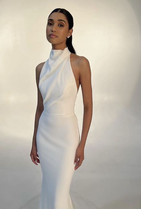 High Nexk Wedding Dresses, Elegant High Neck Wedding Dress, White Dress High Neck, Halter Neck Wedding Reception Dress, Silk Form Fitting Wedding Dress, Turtleneck Wedding Dress Sleeveless, High Neck Gown Hairstyle, Rachel Autenrieth Wedding, High Neck Silk Wedding Dress