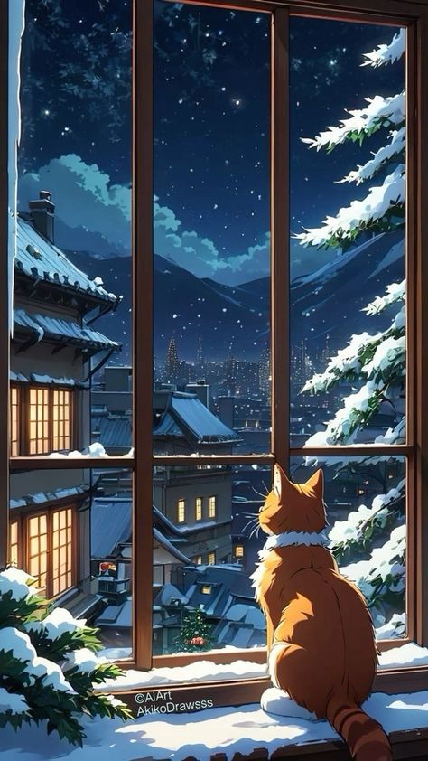 Anime Winter Aesthetic Wallpaper, Winter Cat Wallpaper Iphone, Dark Snow Wallpaper, Winter Cat Aesthetic, Anime Winter Background, Winter Cat Wallpaper, Anime Winter Wallpaper, Winter Wallpapers Aesthetic Iphone, Winter Anime Wallpaper