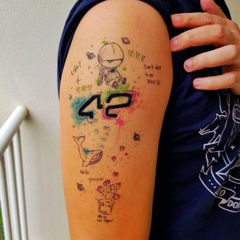 Galaxy Tattoo Ideas, The Galaxy Tattoo, American Style Tattoo, Galaxy Tattoo Sleeve, 42 Tattoo, Hitchhiker's Guide To The Galaxy, Whale Tattoos, Planet Tattoos, Galaxy Tattoo