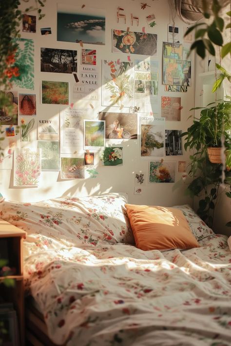 19 Trendy Dorm Wall Decor Ideas That Look Amazing Dorm Room Decor Ideas Wall Decorations, Dorm Room Picture Collage, Bedroom Decor Dorm, Cozy College Apartment Bedroom Ideas, Flower Dorm Room Ideas, Aesthetic University Room, Photo Wall Dorm Room, Soft Dorm Aesthetic, Cute Dorm Decor Ideas