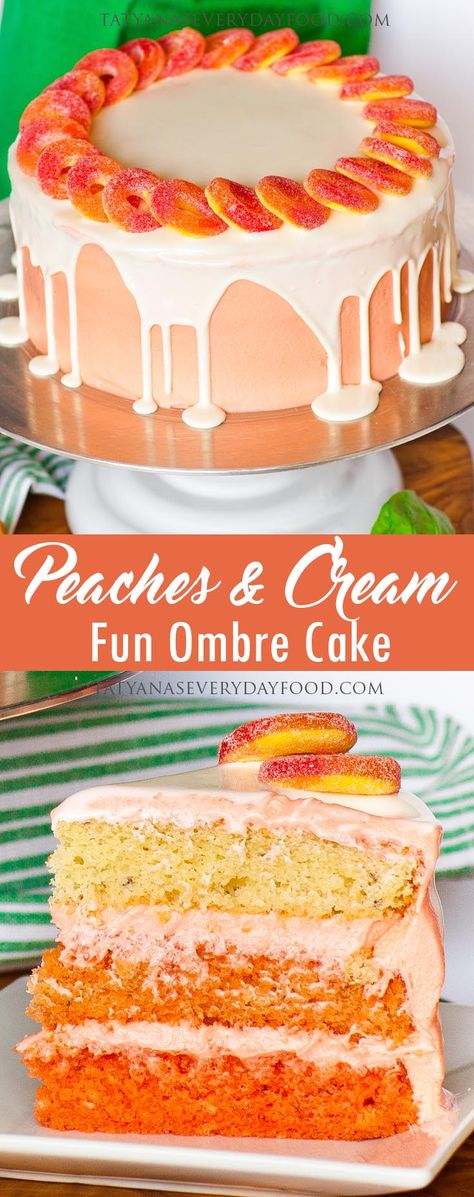 Ombre Peach Cake Recipe (video) - Tatyanas Everyday Food Peach Shaped Cake, Fruity Cake Recipes, Peach Birthday Cake, Summer Fruit Cake, Peach Cake Recipe, Peaches Cream Cheese, Peach Cake Recipes, Peach Birthday, Sweet As A Peach