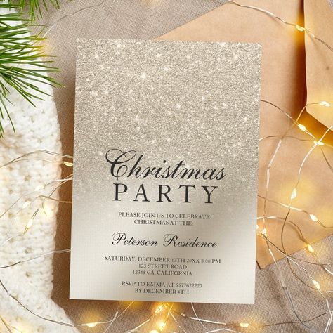 A chic and luxurious pearl ivory glitter ombre metallic foil design with elegant calligraphy typography for a corporate Christmas party invitation . Formal Christmas Party, Corporate Christmas Party Invitations, White Christmas Party, Gold Glitter Ombre, Corporate Christmas Parties, Foil Design, Christmas Party Themes, Calligraphy Typography, Christmas Invitation