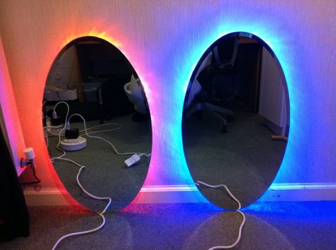 Portal Mirrors Will Test Your Will Not To Jump Through One -  #decor #portal #valve Portal Mirror, Boys Bedroom Makeover, Wingtip Boots, Diy Tech, Gaming Room Setup, Game Room Design, Game Room Decor, Room Setup, Escape Room