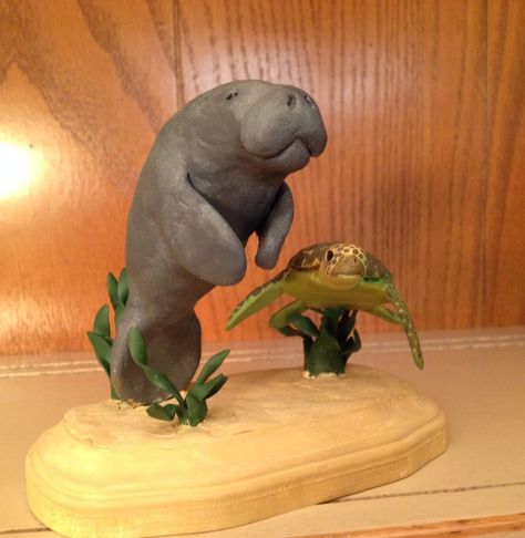 Manatee and Sea Turtle (Honu) - my favs! Manatee Pottery, Manatee Craft, Clay Manatee, Manatee Sculpture, Pet Shrimp, Classic Coffee Cake, Underwater Sculpture, Thomas Birthday, Turtle Sculpture