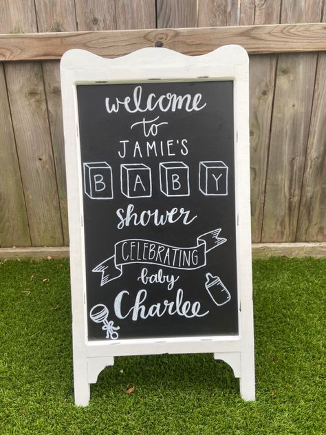 Custom handmade handlettered baby shower welcome sign. Available for order in my Etsy shop! Baby Shower Chalkboard Sign Ideas, Baby Shower Chalkboard Sign, Baby Chalkboard Signs, Baby Shower Welcome Sign Chalkboard, Chalkboard Birth Announcement, Baby Shower Chalkboard, Chalkboard Baby, Window Drawing, Chalk Sign