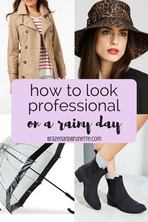 What you need to look professional when it's raining is a rain coat, an umbrella, rain boots, proper clothing, and maybe even a rain hat to keep your work outfit dry while still looking professional. how to look professional when it's raining. rainy day professional outfit. rainy work outfit inspiration. how to look professional and not get wet when it's raining | brazenandbrunette.com Cute Fall Outfits Work, Fall Rainy Day Outfits Work, Casual Outfits Rainy Day, Rainy Work Outfit, Rainy Day Work Outfit, Fall Outfits Work, Outfit For Rainy Day, Cute Business Casual Outfits, Rainy Outfit