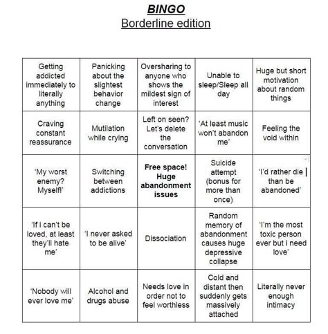 Random Bingo, Funny Would You Rather, Bpd Symptoms, Kinnie Bingo, Kill It With Fire, Bingo Sheets, Bingo Template, Mental Health Facts, Character Template