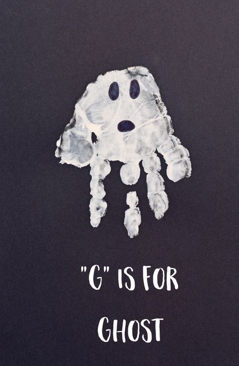 Letter G "Ghost" Handprint Art for Preschoolers October Craft For Preschool, October Craft Preschool, White Crafts For Preschoolers, Letter H Halloween Crafts For Preschoolers, Black Preschool Crafts, A Is For Craft Handprint, G Is For Handprint Craft, F Is For Handprint Craft, G Projects For Preschool