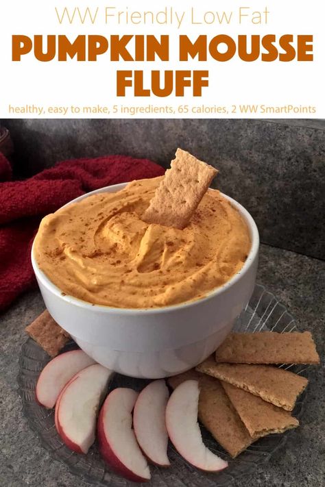 5-ingredient low fat Pumpkin Mousse Fluff is an easy recipe that tastes a lot like pumpkin pie, but is far more light and creamy. Garnish with a gingersnap, graham cracker of crumbs if you like. You can also use it as a dip for graham crackers, or apple slices. Only 65 calories and 2 WW Freestyle SmartPoints! #lowfatpumpkinmoussefluff #pumpkinmoussefluff #pumpkinfluff #wwpumpkinfluff #pumpkindessert Easy Low Fat Desserts, Low Fat Pumpkin Recipes, Low Fat Pumpkin Desserts, Dip For Graham Crackers, Low Fat Dessert Recipes, Fluff Recipes, Mousse Recipes Easy, Low Calorie Pumpkin, Dessert Pumpkin