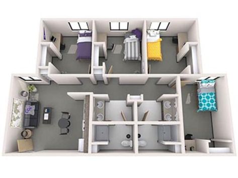 3D Rendering of GCU's Diamonback Apartments Gcu Apartment, Dorm Layout, Small Closet Design, University Apartment, Dorm Room Layouts, Grand Canyon University, Residence Life, Bathroom Layouts, Off Campus