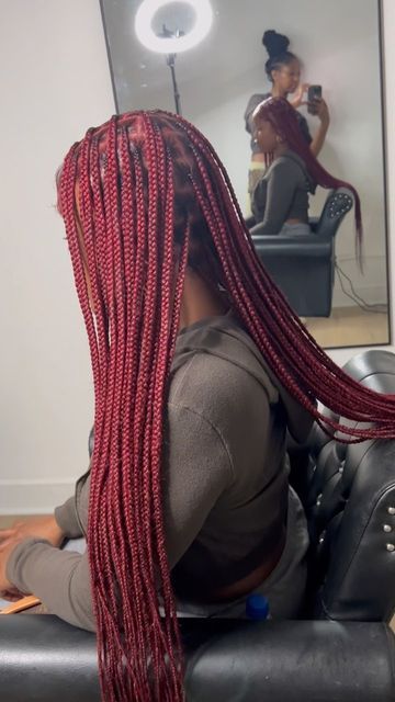 Red Medium Knotless Braids, Small Red Knotless Braids, Red Head Braids, Chicago Braider, Knotless Red, Smedium Knotless Thigh Length Braids, Red Knotless Box Braids, Knotless Braids Red, Red Knotless Braids